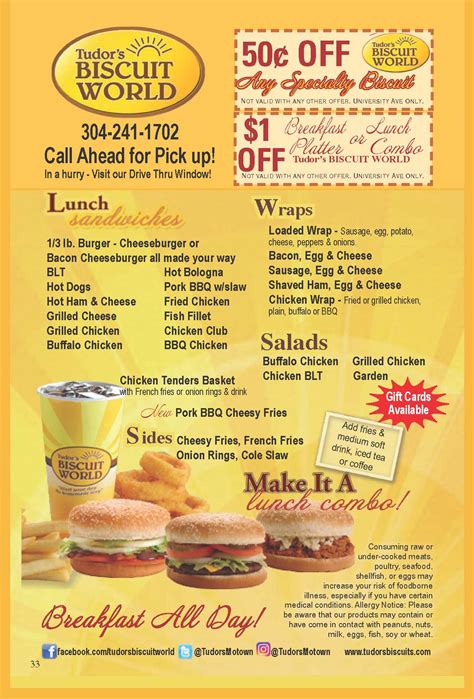 tudor's biscuit world menu prices